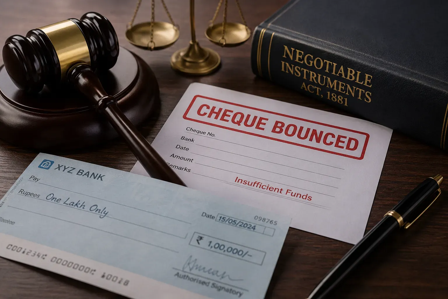 A cheque stamped Cheque Bounced beside a Negotiable Instruments Act book